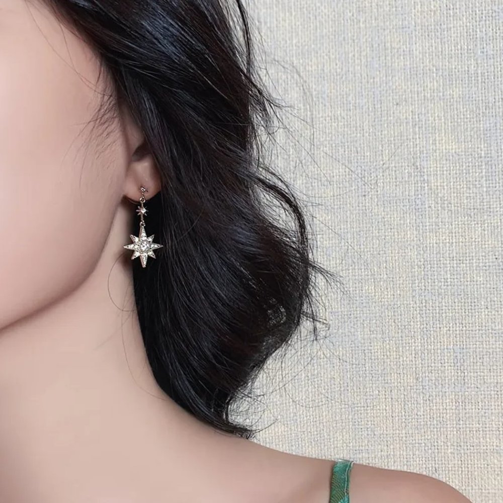Sparkly Crescent Moon & Stars Celestial Ethereal Gold & CZ Diamonds Earrings - Picture 2 of 6